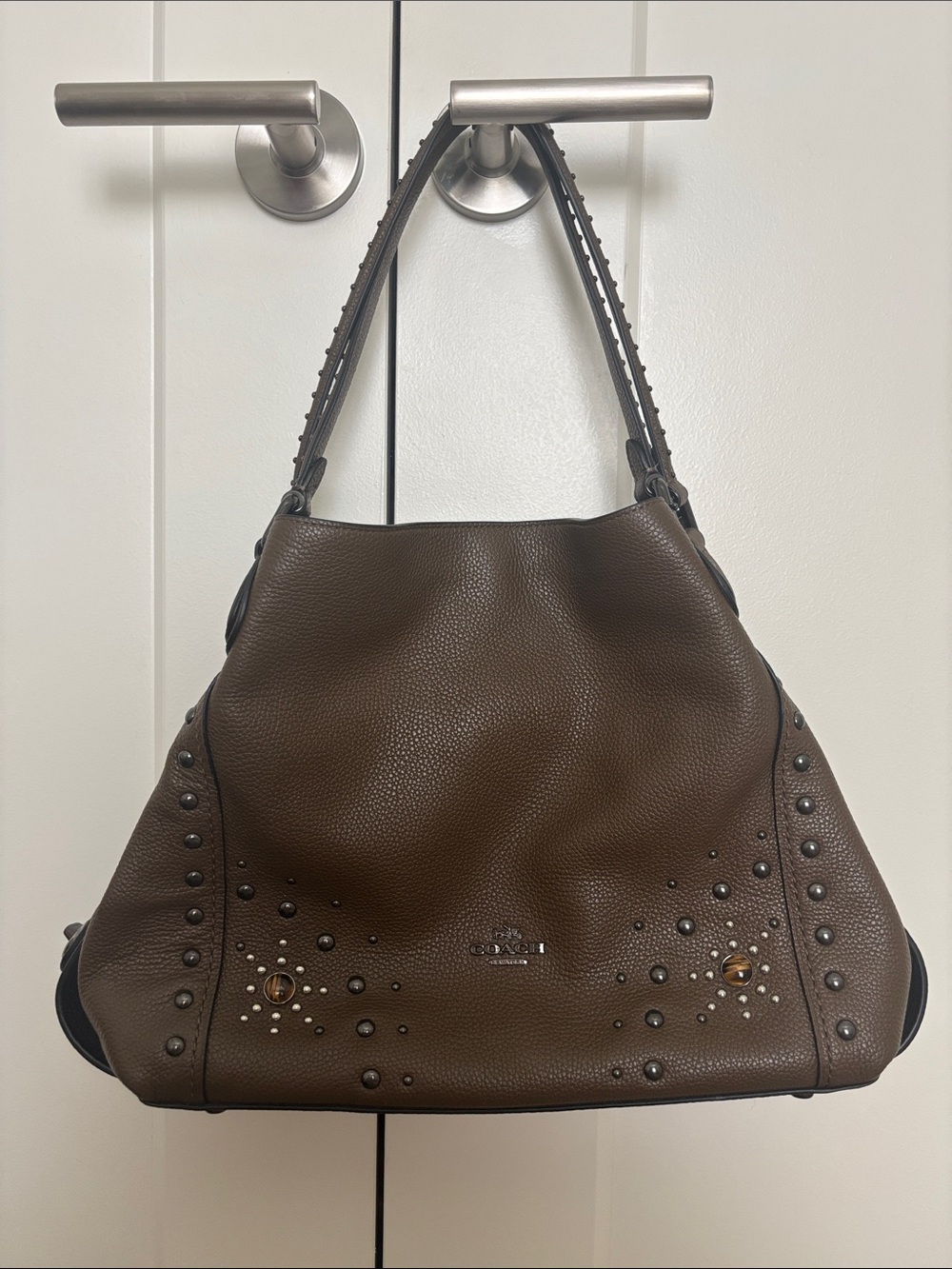 Coach Dark Brown Pebbled Leather Studded Shoulder Hobo 57660